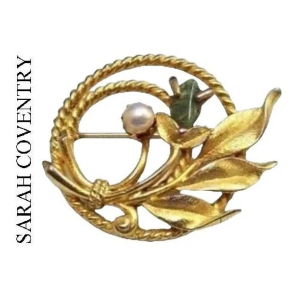 Sarah Coventry Green Jade Stone White Pearl Open Ring Pin Brooch Gold Tone - Picture 1 of 4